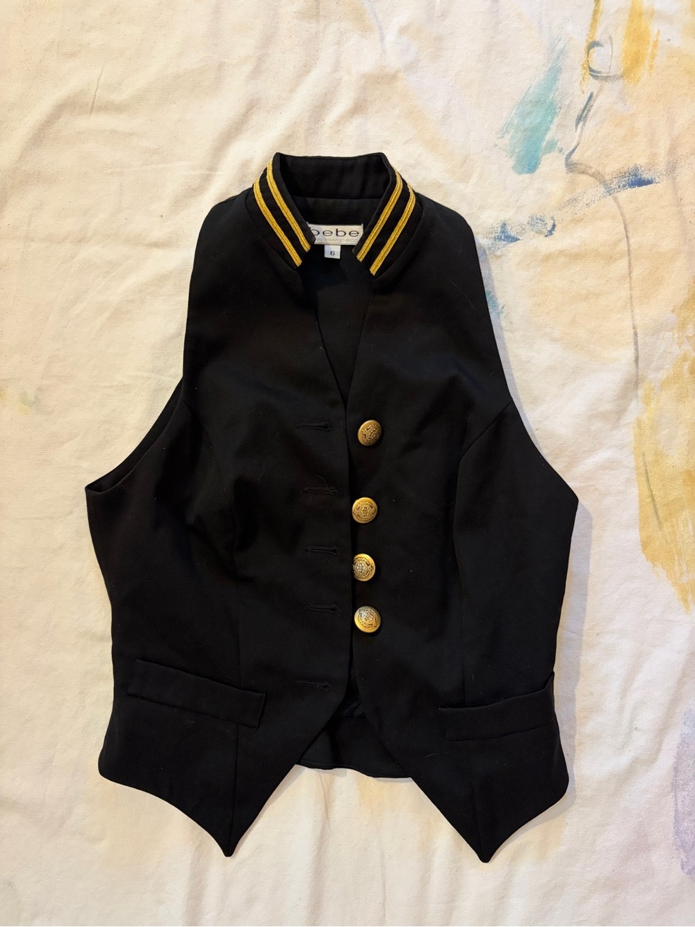 Vintage Bebe Black Wool Vest with Gold Trim and Buttons